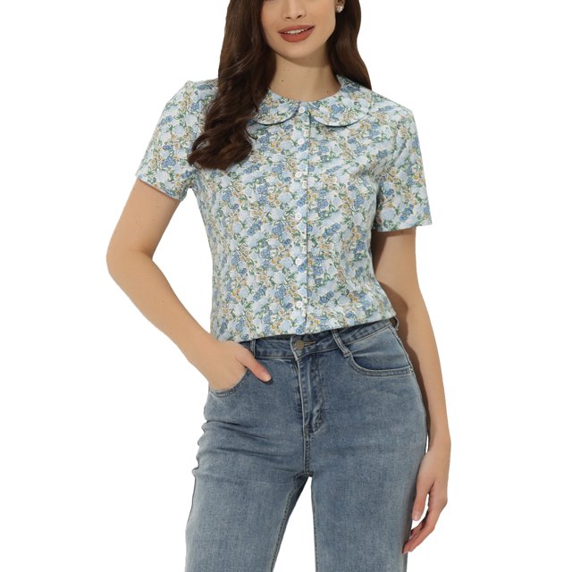 INSPIRE CHIC Chemisier d'Été pour Femme à Col Peter Pan, Boutonné à l'Avant, Blouse Vintage à Motif Floral, Haut m Bleu