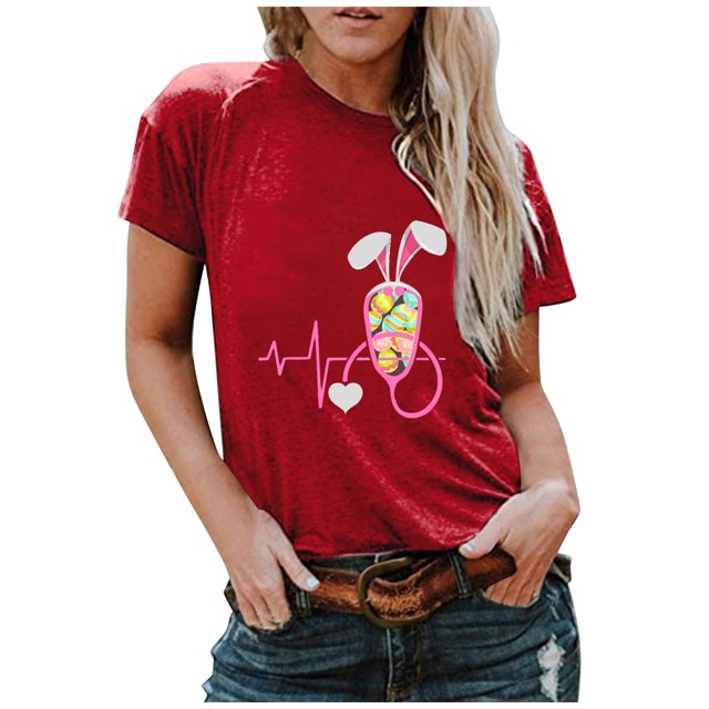 Hauts d'Été pour Femmes 2023 T-shirt à Col Rond pour Femmes à Imprimé Lapin de Pâques à Manches Courtes Blouse Décontractée Ample