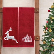 Vaidha Christmas Towel Set | 2-Pack Red Embroidered Holiday Towels with Elk Snowflake & Tree Design | Large 15.75x27.56 Inch Cotton Blend Bath Towels for Bathroom Decor