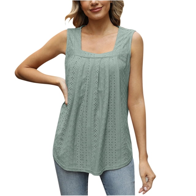 Dealovy Womens Eyelet Tank Tosps Summer Loose Square Neck Sleeveless Loose Beach Flowy Tunic Tops