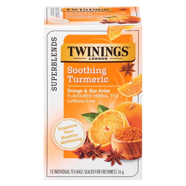 Twinings Superblends Soothing Turmeric Herbal Tea Bags, Orange & Star Anise, Caffeine Free, 18 Count