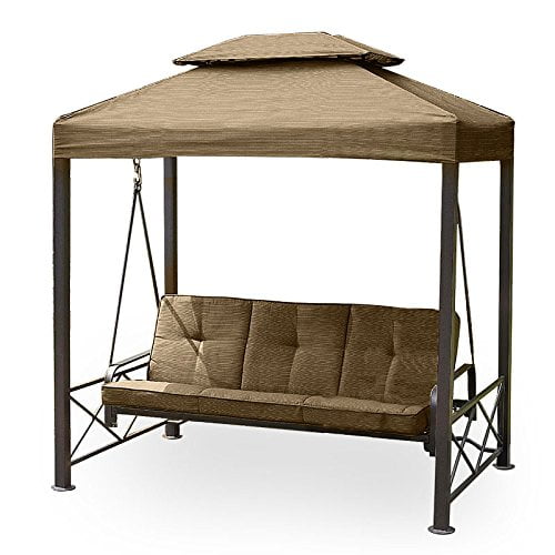 Toit de Rechange pour Balançoire 3 Places de Gazebo, Toile de Remplacement beige pour Balançoire 3 Places de Gazebo avec Toit à Deux Niveaux et design « X » sur les Côtés du Cadre, Tissu Résistant à l'Eau Traité aux UV, Conforme CPAI-84 Ignifuge; structure en Métal Non Incluse, Souvent Utilisée pour Restaurer l'Ombre de la Balançoire Extérieure.