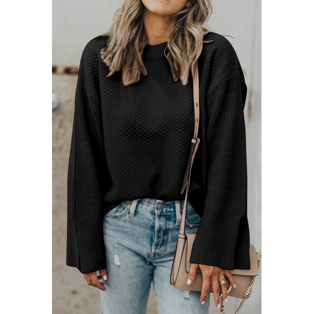 FOLUNSI Elegant Drop Shoulder Knit Sweater | Split Cuff | Black Solid