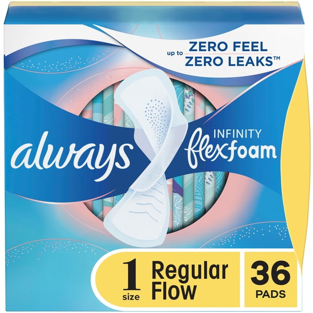 Always Infinity with FlexFoam Pads for Women, Size 1, Regular Absorbency, with Wings, unscented, box of 36 thin, flexible feminine care pads made with foam that conforms to the body, featuring breathable top layer and absorbent holes for up to zero leaks and zero feel protection during regular flow days.