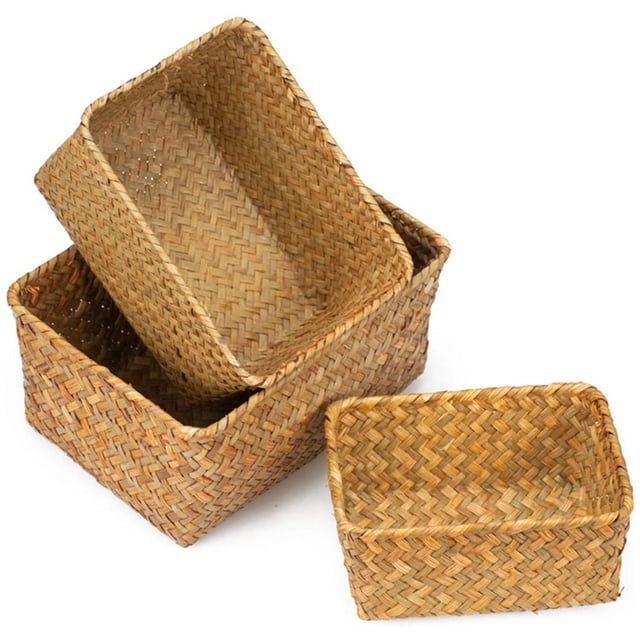 6X Seagrass Storage Basket, Multisize Handmade Rattan Shelf Baskets & Home Storage Bins Baskets for Decoration