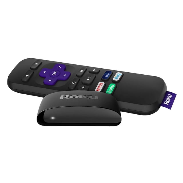 Roku Express Streaming Player Doté d'Un Appareil de Diffusion en Continu Noir et Élégant et d'Une Télécommande avec un Coussinet Directionnel Violet et des Boutons de Raccourci pour des services comme Netflix, Hulu et Sling. Conçu pour le Diffusion en Continu HD, Il Comprend un Câble HDMI Haute Vitesse pour une Installation Rapide et un Accès aux Téléviseurs en Direct, aux Films et aux Chaînes Gratuites.