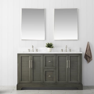 Vanity Art 60 Inch Double Sink Bathroom Vanity with Ceramic Sink and Engineered Marble Top, Without Mirror