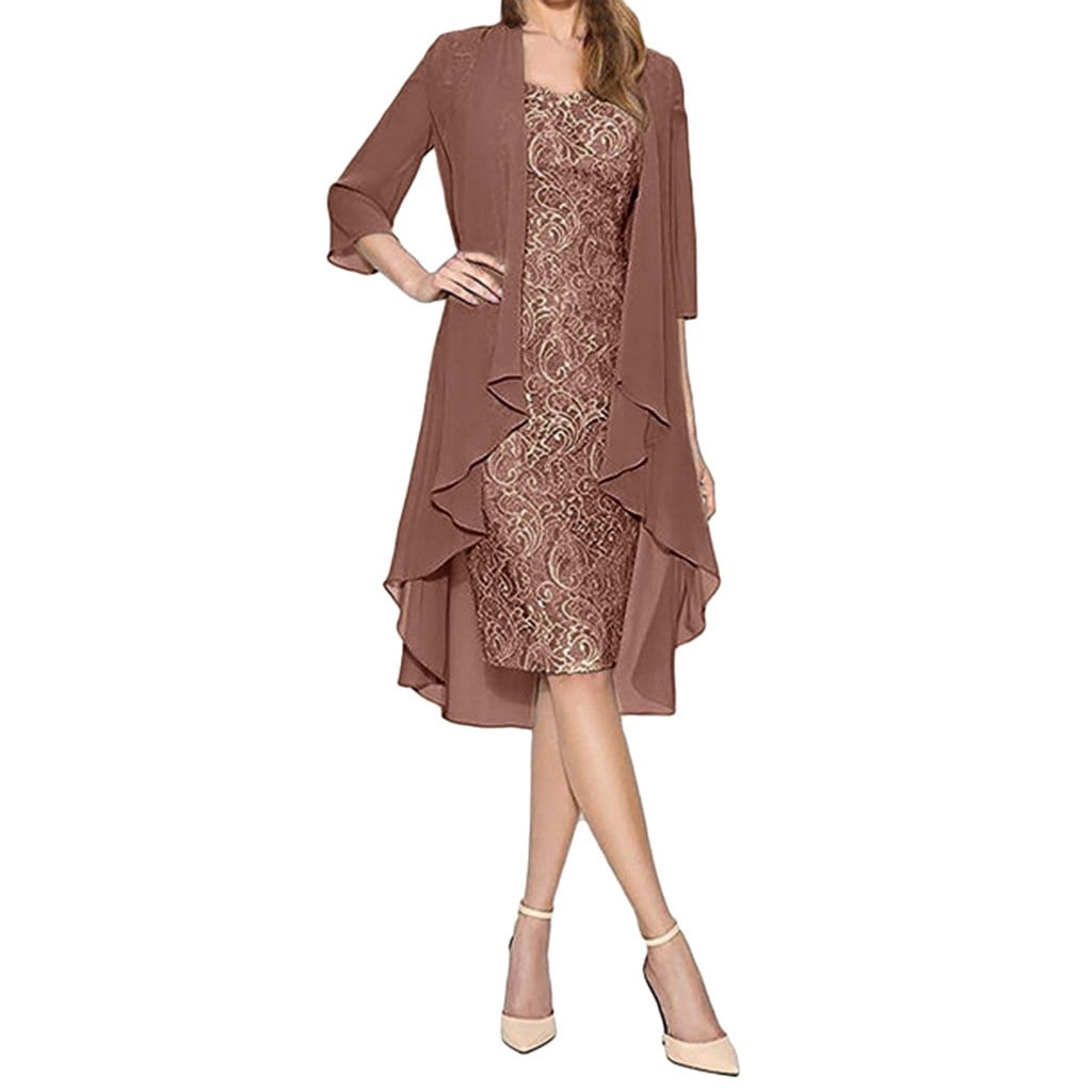 HKEJIAOI Robe pour Femme Mode pour Femmes Deux Pièces Charmante Couleur Unie Robe en Dentelle pour Mère de la Mariée Économies Liquidation Café