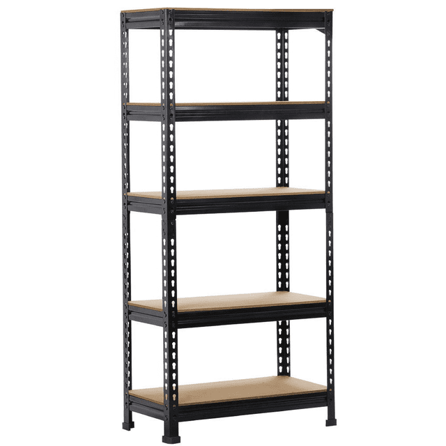 Yaheetech 5 Tiers Storage Shelf Metal Frame Organizer Rack with a black steel frame and MDF shelves, ideal for garage shelving and storage. Each tier supports up to 330 lb, featuring adjustable shelves and anti-skid rubber pads for stability. Dimensions: 27.6 x 12 x 59 inches.