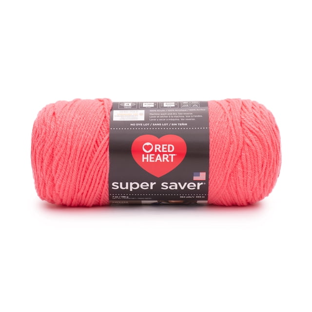 Red Heart® Super Saver® Yarn, Solid, Acrylic #4 Medium, 7oz/198g, 364 Yards, shown as a single skein of coral acrylic worsted weight yarn with a black label featuring the Red Heart logo and product information, suitable for knitting, crocheting, and often used for crafting durable home décor items.