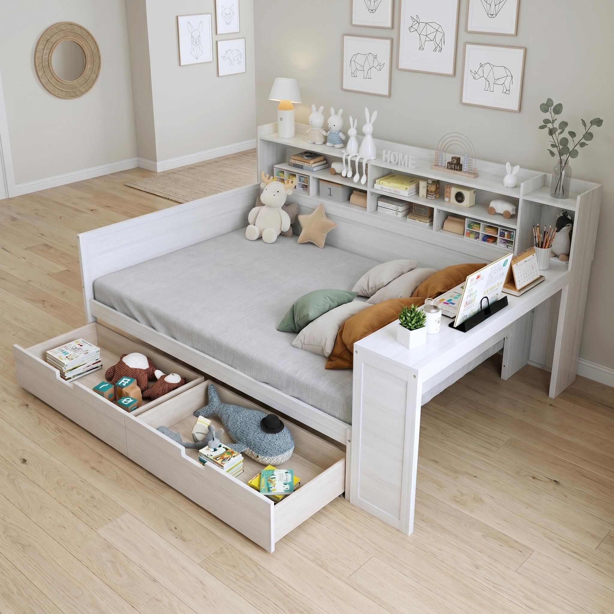Homy Casa lit double 91,3 po avec tête de lit rangement, tiroirs et bureau latéral pour chambre d’enfant, blanc