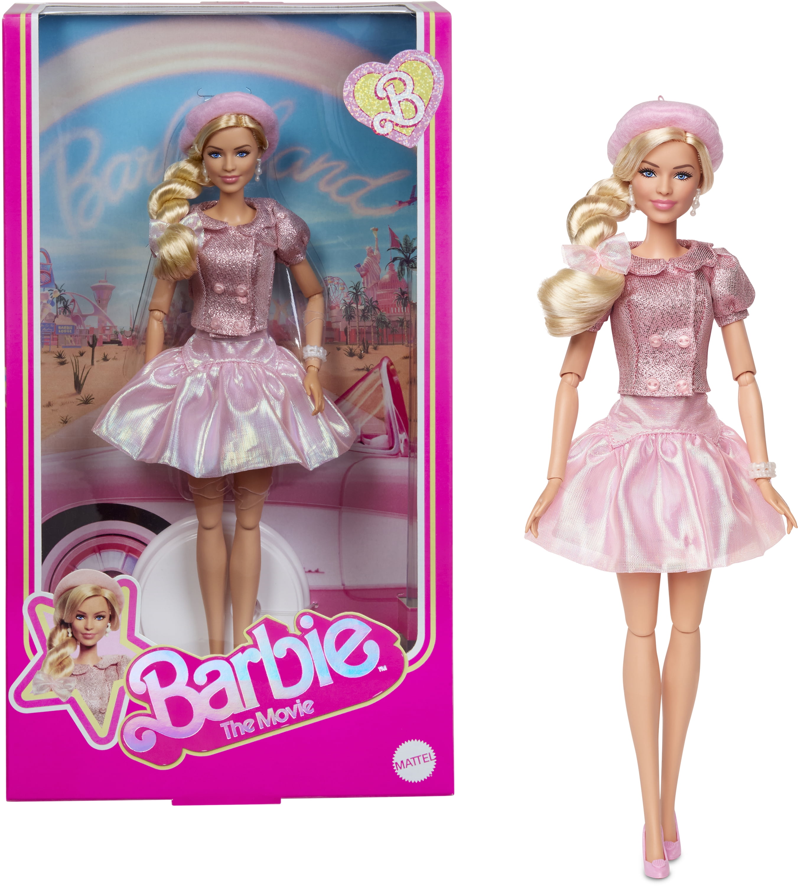 Barbie Poupée Barbie à collectionner inspirée du film Barbie avec Margot Robbie, avec une tenue composée d’un chemisier et d’un tutu roses, une coiffure emblématique et des bijoux assortis