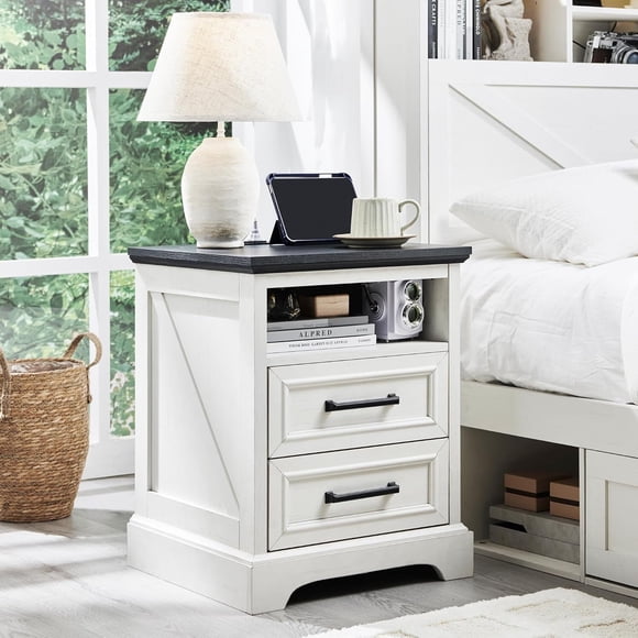 Ourlova Table de Chevet Style Ferme 18 Pouces Table d'Appoint Rustique avec 2 Tiroirs et Station de Recharge USB Intégrée Table de Chevet en Bois Blanc Antique pour Chambre Salon