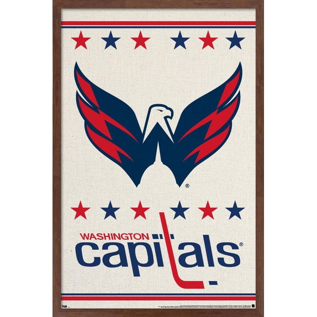 NHL Washington Capitals - Logo 14 Wall Poster, 22.375" x 34" displaying a centered Washington Capitals eagle logo in navy blue and red with wings forming a 'W', framed by alternating red and navy stars above and below, with 'Washington Capitals' text in navy and red on a textured off-white background within a dark wood frame, suitable for home décor and wall art.
