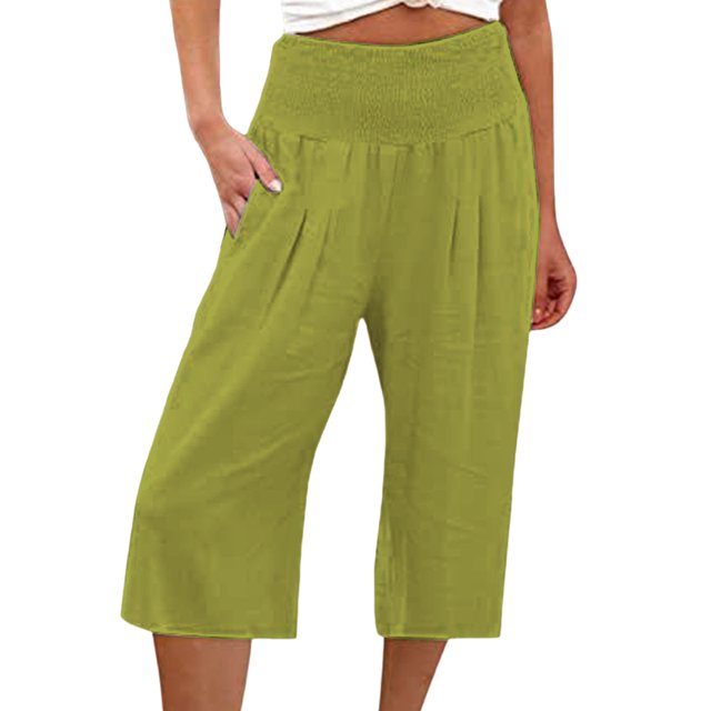 Innerwin Bottoms Wide Leg Women Palazzo Pant Holiday Solid Color Loose Fit Capri Pants Fluorescent Green 2XL