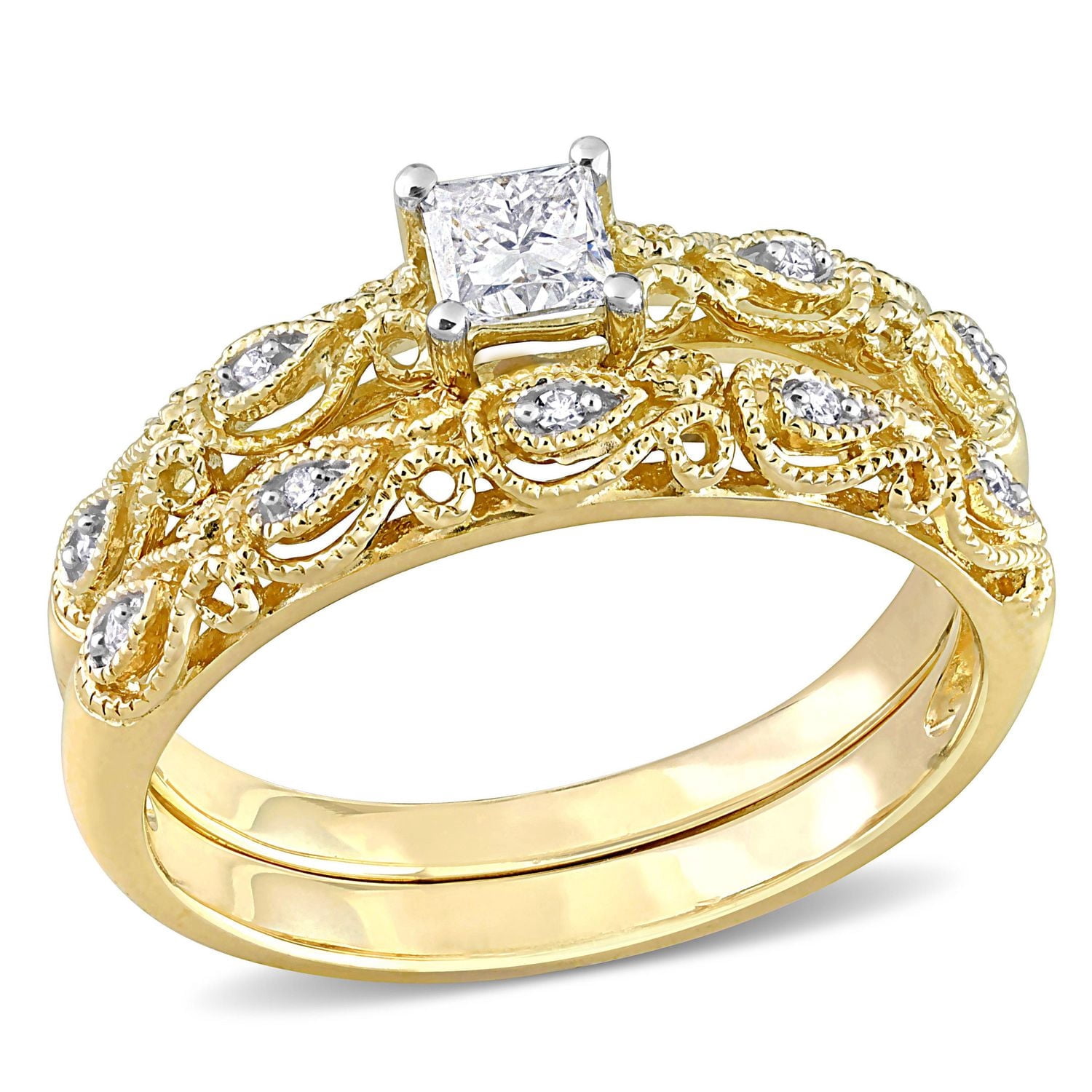 Miabella Bague de mariage 2 pièces a center de coupe princesse en or jaune 10K avec diamant 1/3 Carat P.T.
