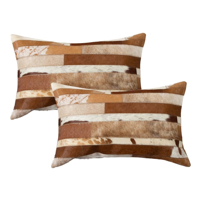 TORINO MADRID COWHIDE PILLOW 12"X20" 2-PACK with two rectangular decorative pillows crafted from natural Indian cowhide in a patchwork of brown, tan, and cream shades, hand-stitched with hidden zipper closures, ideal for layering and adding warmth to home décor.