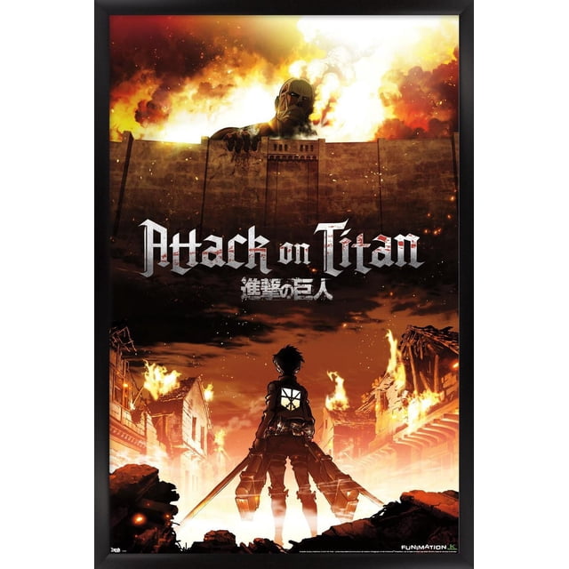 Attack on Titan - Fire Wall Poster, 22.375" x 34" depicting a colossal titan looming over a stone wall with flames and smoke in the background. A silhouetted character holding dual swords stands amid burning buildings, suitable for anime wall art and room decor.