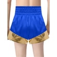 thumbnail image 2 of Xnihocha Unisex Kids Satin Boxing Shorts Metallic Color Block Boxer Kickboxing Muay Thai Training Trunks Royal Blue&Gold 6, 2 of 5