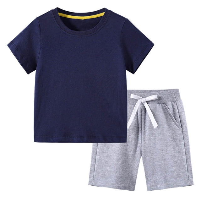 Cethrio Boys' Shorts Sets, Drawstring 2-Piece Summer Short Sleeve Outfit Sets Navy Size 11-12 T