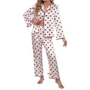 ZJXFGS Ensembles de pyjama pour femmes, Pyjamas d'été léger, Ensemble de femmes Casual imprimé Lapel Soft Long Sleeve Sleepwear Sets Comfy 2 Pièce Casual Pajama, Summer Pajamas White S