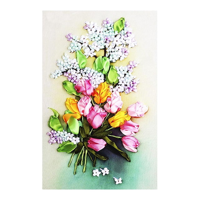 Silk Ribbon Embroidery with Instructions, a DIY embroidery kit for beginners featuring a stamped cross-stitch flower painting. The multicolour design includes vibrant pink, yellow, and purple flowers with green leaves on a canvas measuring approximately 40x55 cm (15.75 x 21.65 inches). The kit includes a canvas, silk ribbons, instructions, and embroidery supplies, but excludes a frame. Ideal for creating wall art or as a thoughtful gift for occasions like birthdays or Valentine's Day.