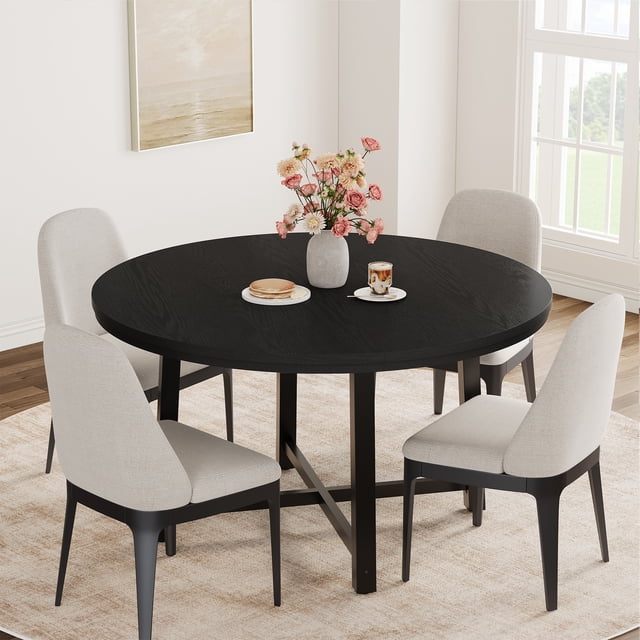 47 in Round Dining Table, Industrial Dinner Table for 4 to 6, Wooden Kitchen Table with Sturdy Metal Frame & Black Finish, Circle Kitchen Table for Dining Room, Kitchen (No Chairs)