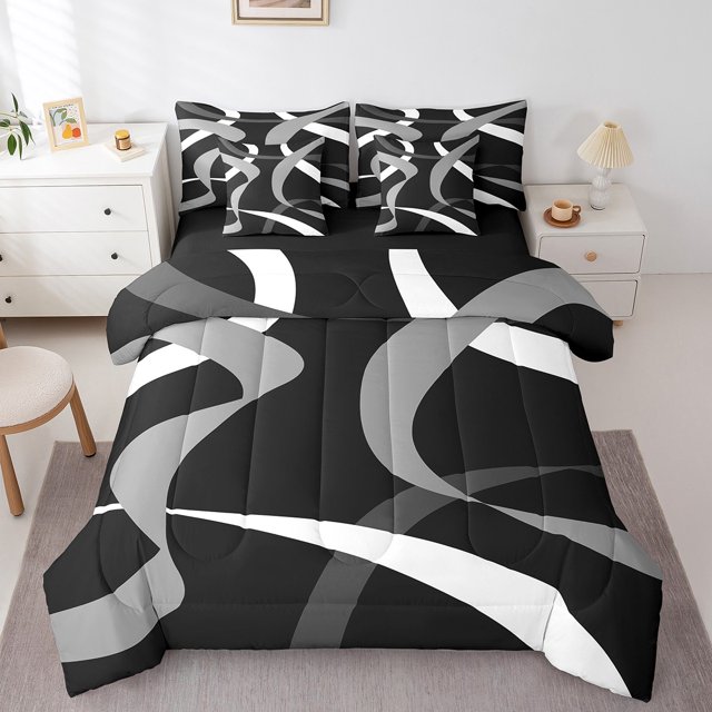 Erosebridal Ensembles de Literie à Rayures Abstraites Format Simple, Ensembles de Douillette à Lignes Modernes avec Draps, Décor d'Art Contemporain, Réversible, 7 Pcs