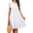 thumbnail image 1 of Femmes Été Volant Manches Mini Robe Couleur Unie Décontractée Swing Fluide une Ligne Plissé Plage Robe de Soleil, 1 of 7