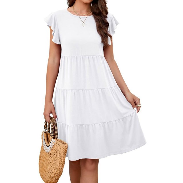 Femmes Été Volant Manches Mini Robe Couleur Unie Décontractée Swing Fluide une Ligne Plissé Plage Robe de Soleil