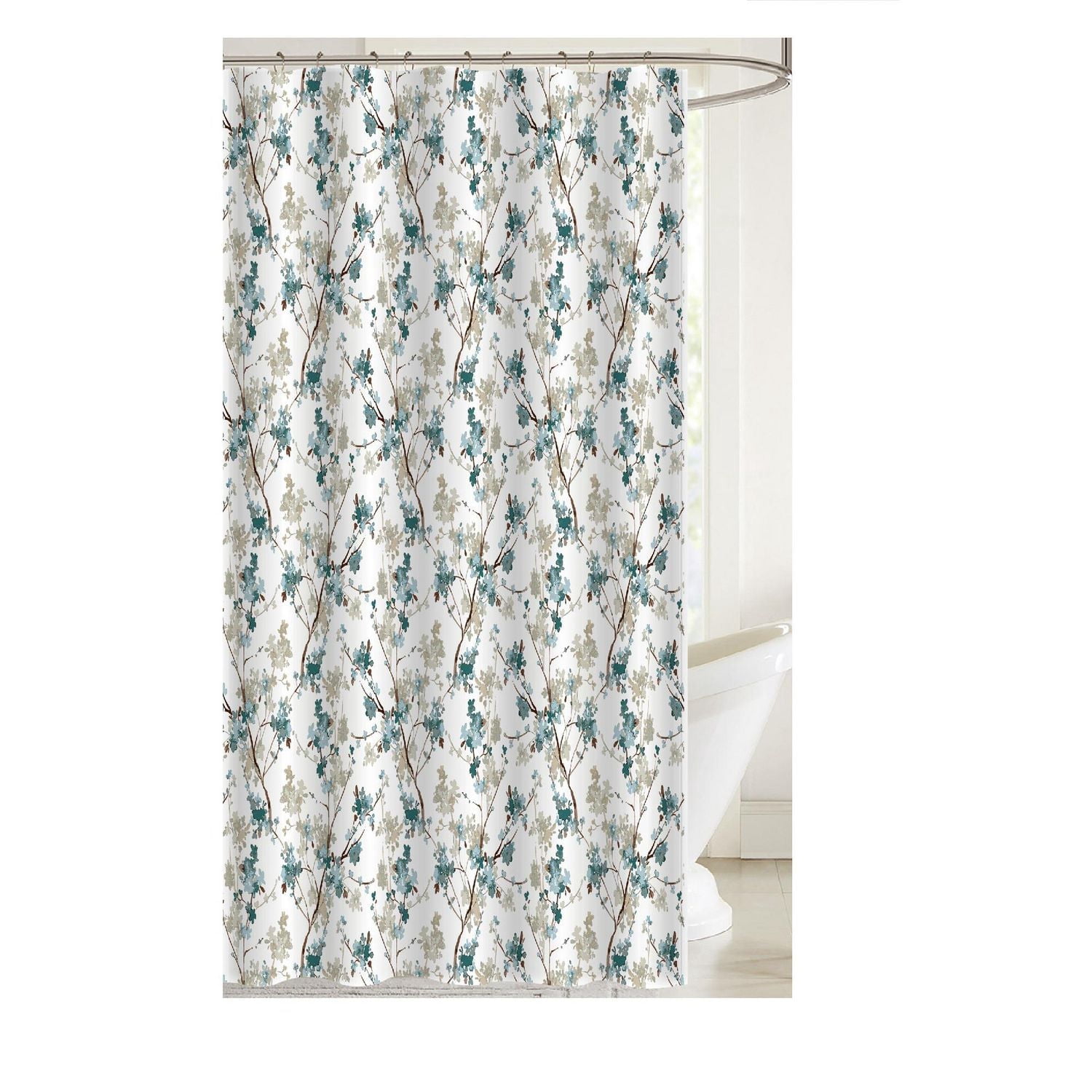 Printed Canvas Shower Curtain With Roller Hooks (Floral)