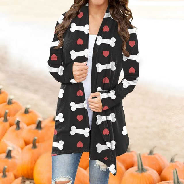 Women‘s Halloween Cardigan Sweater Skull Pumpkin Print Pattern Long Cardigans Sweater Coats Tops Ginger M