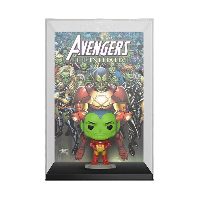 Funko POP! Comic Cover: Marvel- Skrull As Iron Man Vinyl Bobblehead showing a 4-inch green Skrull bobblehead in red and gold Iron Man armor, positioned in front of the Avengers: The Initiative Vol. 1 No. 15 comic book cover, all enclosed in a clear protective display case with a black base suitable for wall hanging.