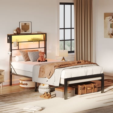 Bestier Twin Size Bed Frame with 49.2" High LED Storage Headboard Shelf, Metal Platform Bed, Black