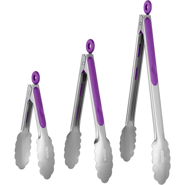 Pinces de Cuisine en Acier Inoxydable 18/8: U-Taste 7+9+12 Pouces, Pince de Cuisson Résistante à la Chaleur avec Pointes Métalliques Robustes et Poignée en Silicone Antidérapante et Verrouillage Fluide pour Servir un BBQ (Ensemble de 3, Violet)