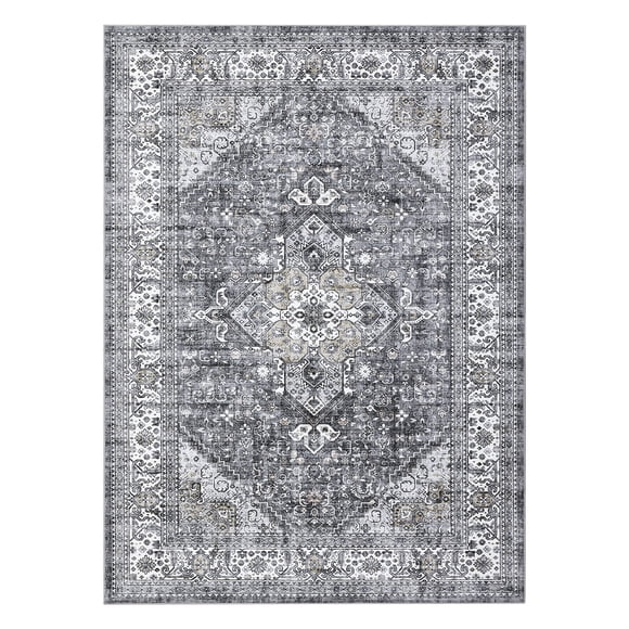 PIONEERWORKS Large Washable Rug 8x10 Low-Pile Indoor Floral Print Carpet Non Slip Ultra Soft Area Rug for Living Room Kitchen Bedroom, Grey