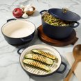 thumbnail image 2 of Sur La Table Kitchen Essentials 4-Piece Enameled Cast Iron Stackable Cookware Set 5.3 Qt Dutch Oven with Lid Braiser & Grill Pan Navy Blue Gold Knob Oven Safe to 500F Induction Compatible, 2 of 5