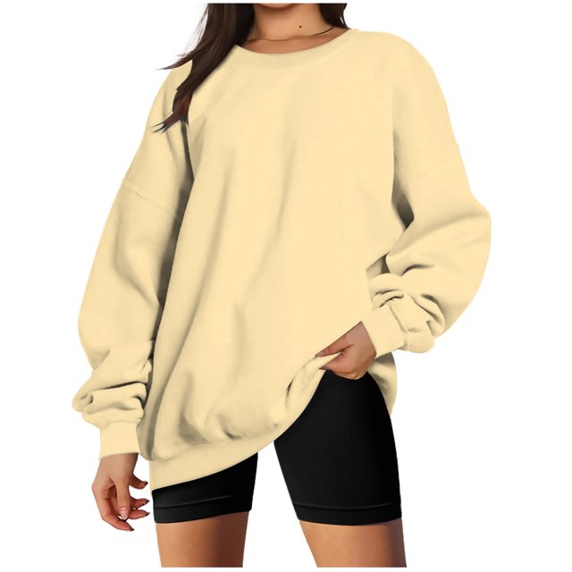 lcziwo Chandail à Col Rond pour Femmes, Coupe Ample, Manches Longues, Chandail Décontracté Uni, Chandail Confortable Automne 2024, Aubaines Y2k du Jour, Liquidation, Beige, m