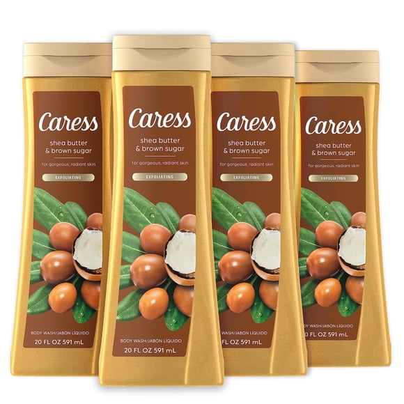 Caress Body Wash for Women Shea Butter & Brown Sugar Hydrating and Exfoliating Shower Gel for Gorgeous Radiant Skin 20 fl oz 4 Pack