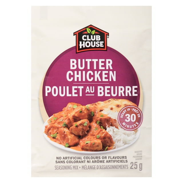 Mélange d'Assaisonnement pour Poulet au Beurre par Club House en Sachet de 25 g avec Étiquette Violette Montrant du Poulet au Beurre Crémeux Servi avec du Riz basmati et du naan, Comprenant des Épices Indiennes et un Mélange de masala pour une Cuisson Maison Facile.