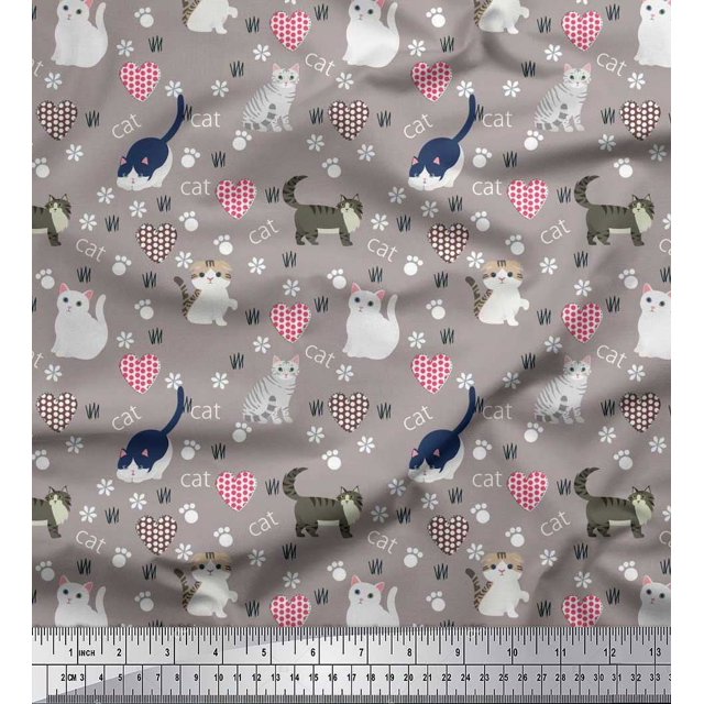 Soimoi Cotton Cambric Fabric Heart,Footprint & Cat Animal Print Fabric by The Yard 42 Inch Wide