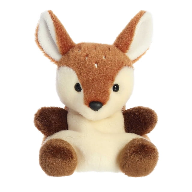 Aurora Palm Pals - Dalia Fawn 5-inch plush toy featuring a soft, fluffy texture with a light brown and cream body, black eyes, and a small black nose. This stuffed animal is designed with high-quality materials and bean pellets for stability, making it suitable for all ages.