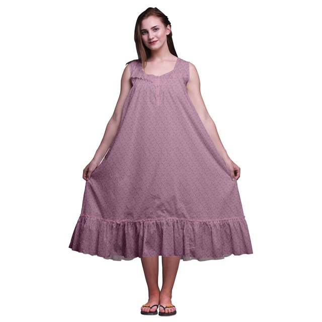 Bimba Nuisettes en Coton Mauve Abstraites Imprimées pour Femmes Robe Sans Manches Tenue de Nuit Robe Maxi Petite