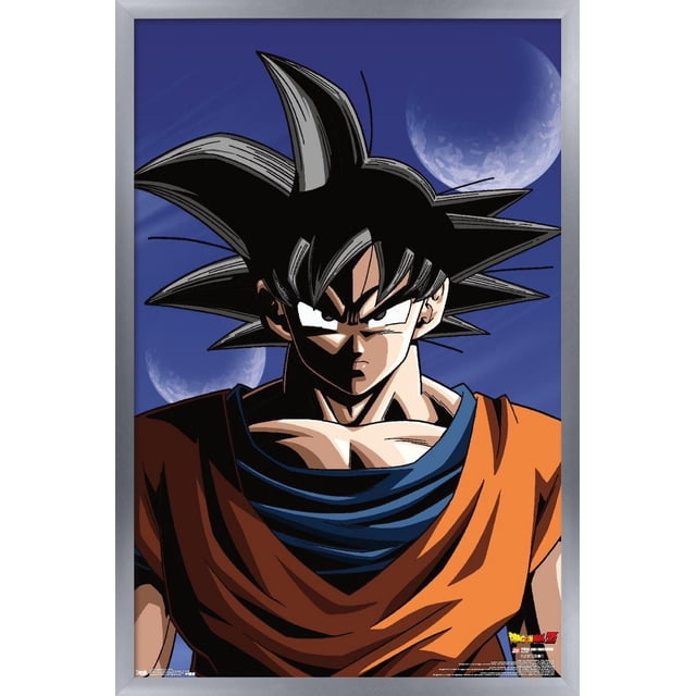 Dragon Ball Z - Goku Wall Poster, 22.375" x 34" featuring a centered, front-facing illustration of Goku with spiky black hair and muscular upper body wearing an orange and blue gi, set against a dark blue background with two faint moons, printed on glossy poster paper by Trends International, suitable for anime-themed room decor or party decoration.