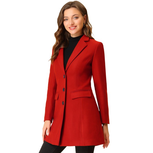 INSPIRE CHIC Manteau Long pour Femme à Revers Cranté Manches Longues à Simple Boutonnage Manteaux d'Hiver S Rouge