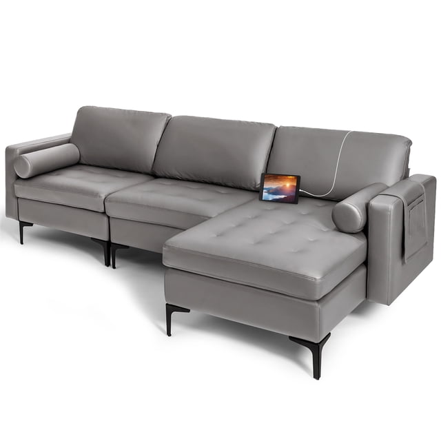 Costway Modular L-shaped Sectional Sofa with Reversible Chaise & 2 USB Ports Grey