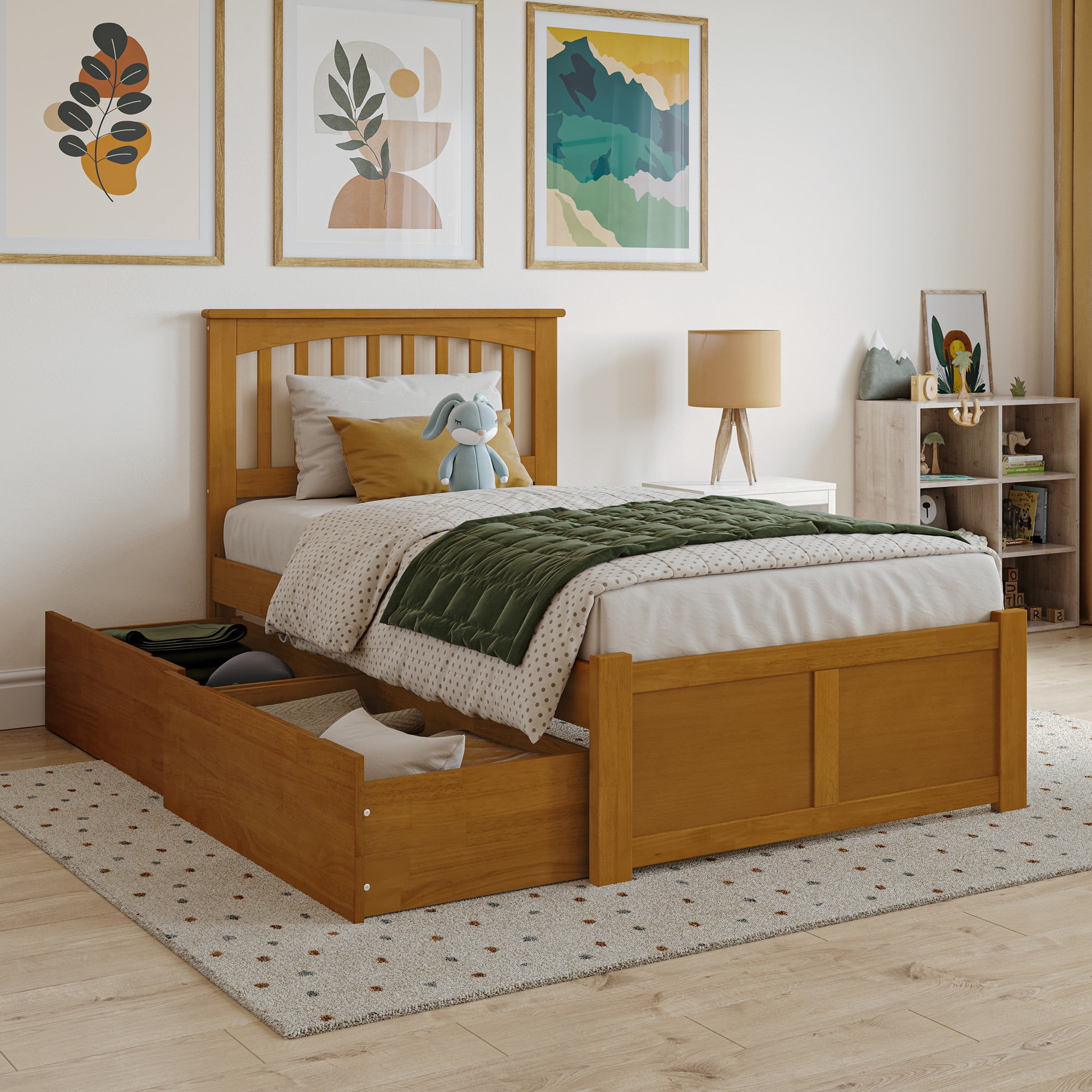 Mission Lit Plateforme Simple en Bois avec Pied de Lit et Tiroirs de Rangement, Couleur Caramel Pâle