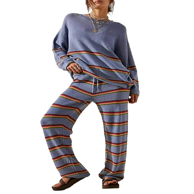 Ensemble Tricoté 2 Pcs pour Femmes avec Imprimé à Rayures, Chandail Ample et Pantalon