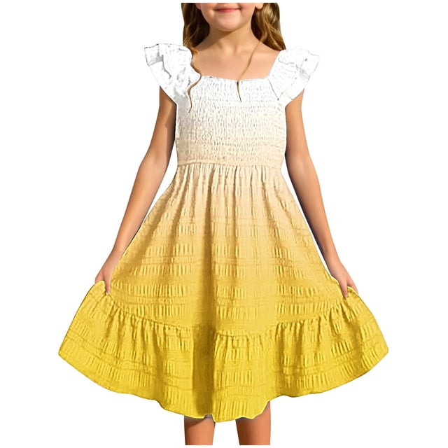 MIASHUI Robes pour Filles à Manches Volantées Extensibles, Coupe Trapèze Évasée, Robe d'École, Jaune, 9-10 Ans