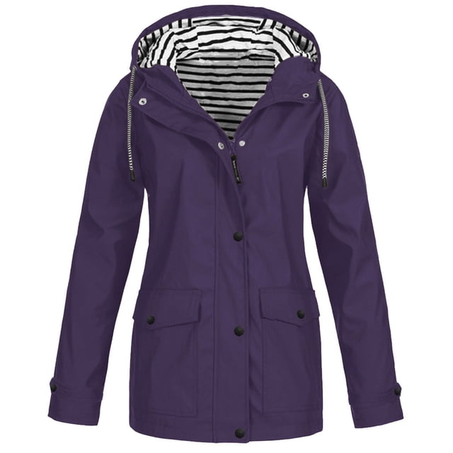 Jackets Women Solid Rain Jacket Outdoor Plus Size Hooded Raincoat Windproof Womens Spring Jacket on Clearance